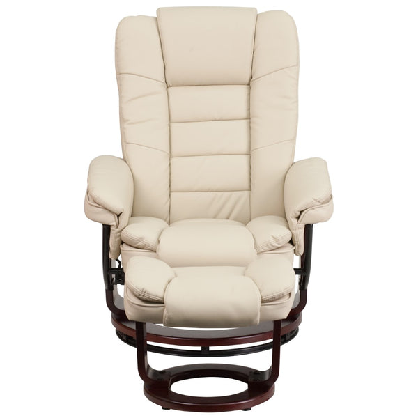 English Elm Contemporary Multi-Position Recliner with Horizontal Stitching and Ottoman with Swivel Mahogany Wood Base in LeatherSoft