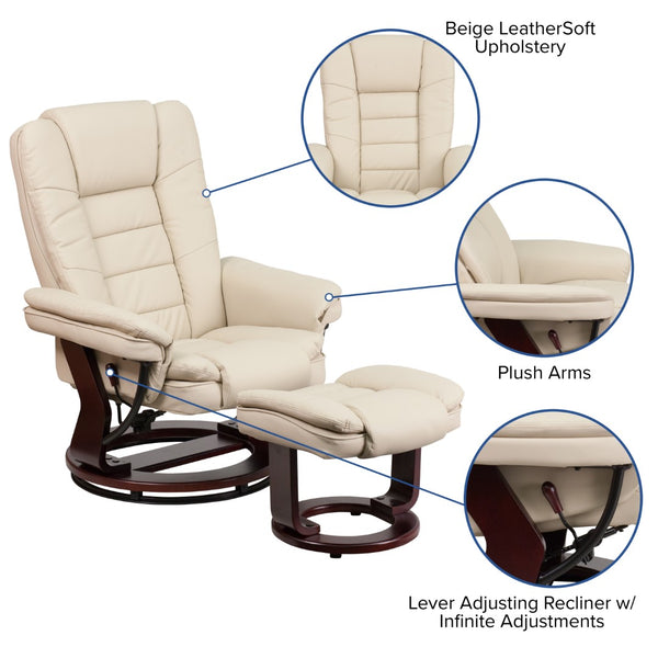 English Elm Contemporary Multi-Position Recliner with Horizontal Stitching and Ottoman with Swivel Mahogany Wood Base in LeatherSoft
