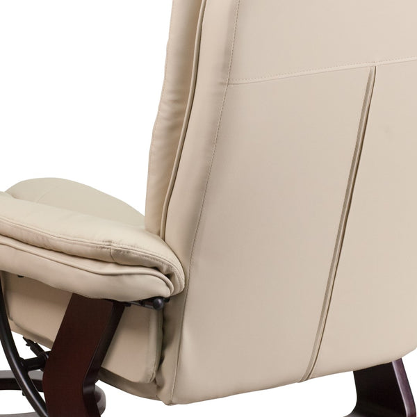 English Elm Contemporary Multi-Position Recliner with Horizontal Stitching and Ottoman with Swivel Mahogany Wood Base in LeatherSoft