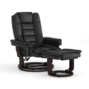 English Elm Contemporary Multi-Position Recliner with Horizontal Stitching and Ottoman with Swivel Mahogany Wood Base in LeatherSoft