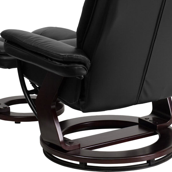 English Elm Contemporary Multi-Position Recliner with Horizontal Stitching and Ottoman with Swivel Mahogany Wood Base in LeatherSoft