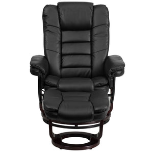 English Elm Contemporary Multi-Position Recliner with Horizontal Stitching and Ottoman with Swivel Mahogany Wood Base in LeatherSoft
