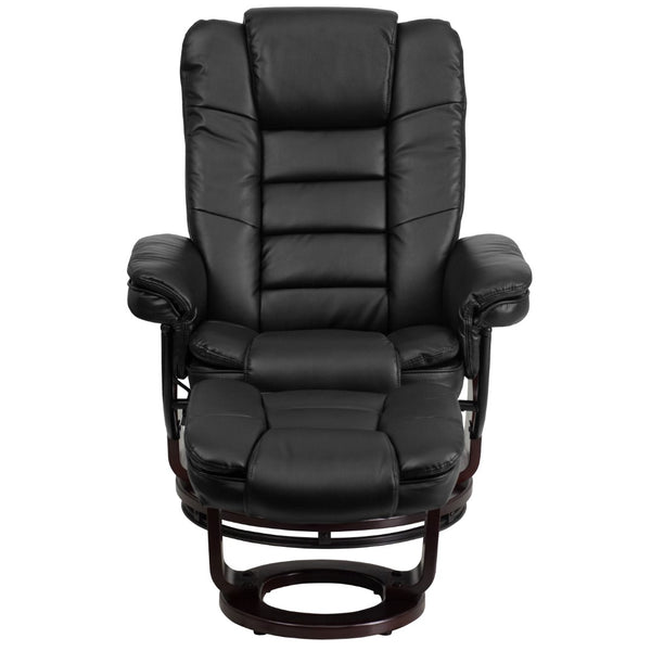 English Elm Contemporary Multi-Position Recliner with Horizontal Stitching and Ottoman with Swivel Mahogany Wood Base in LeatherSoft