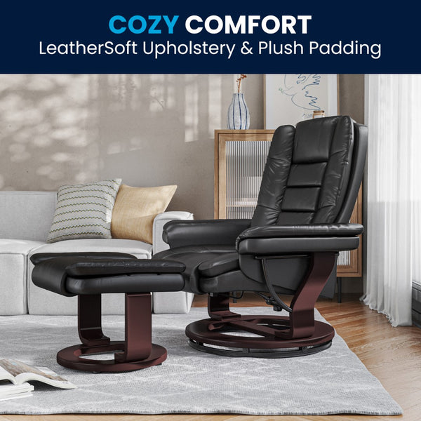 English Elm Contemporary Multi-Position Recliner with Horizontal Stitching and Ottoman with Swivel Mahogany Wood Base in LeatherSoft