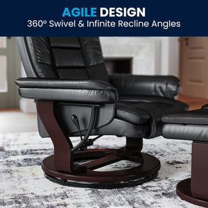 English Elm Contemporary Multi-Position Recliner with Horizontal Stitching and Ottoman with Swivel Mahogany Wood Base in LeatherSoft