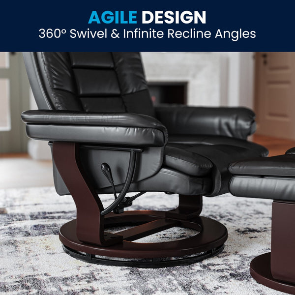 English Elm Contemporary Multi-Position Recliner with Horizontal Stitching and Ottoman with Swivel Mahogany Wood Base in LeatherSoft