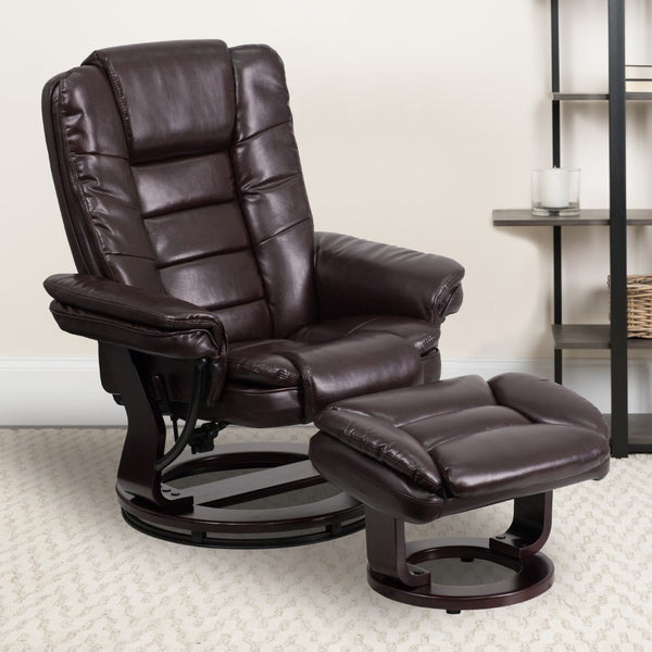 English Elm Contemporary Multi-Position Recliner with Horizontal Stitching and Ottoman with Swivel Mahogany Wood Base in LeatherSoft