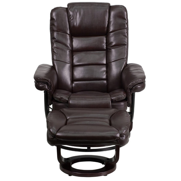 English Elm Contemporary Multi-Position Recliner with Horizontal Stitching and Ottoman with Swivel Mahogany Wood Base in LeatherSoft