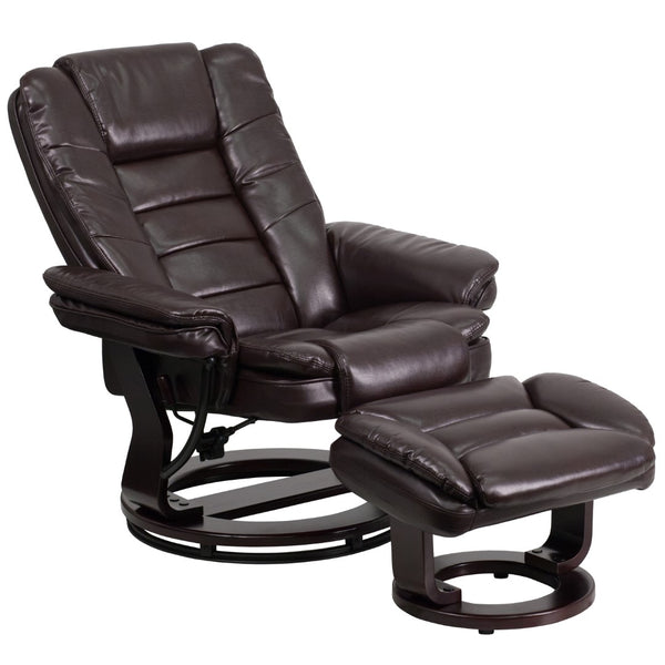 English Elm Contemporary Multi-Position Recliner with Horizontal Stitching and Ottoman with Swivel Mahogany Wood Base in LeatherSoft