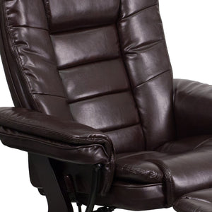 English Elm Contemporary Multi-Position Recliner with Horizontal Stitching and Ottoman with Swivel Mahogany Wood Base in LeatherSoft