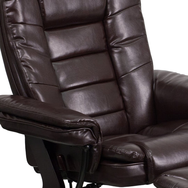English Elm Contemporary Multi-Position Recliner with Horizontal Stitching and Ottoman with Swivel Mahogany Wood Base in LeatherSoft