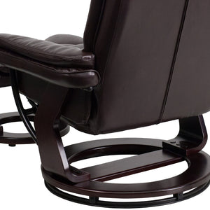 English Elm Contemporary Multi-Position Recliner with Horizontal Stitching and Ottoman with Swivel Mahogany Wood Base in LeatherSoft