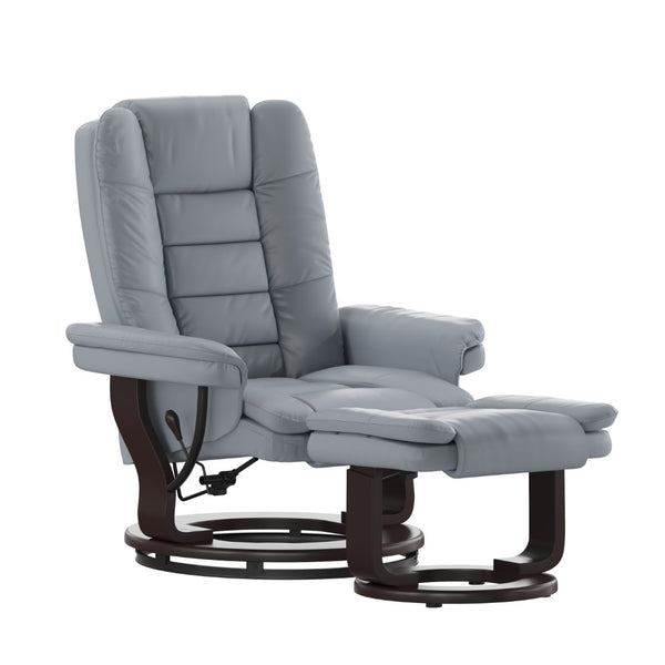 English Elm Contemporary Multi-Position Recliner with Horizontal Stitching and Ottoman with Swivel Mahogany Wood Base in LeatherSoft