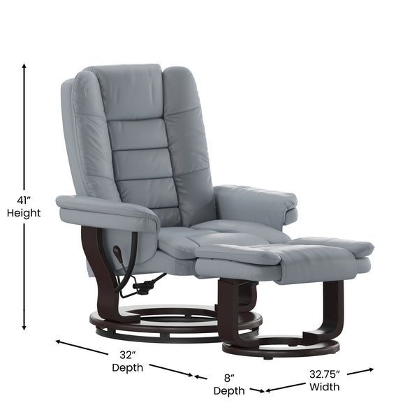 English Elm Contemporary Multi-Position Recliner with Horizontal Stitching and Ottoman with Swivel Mahogany Wood Base in LeatherSoft