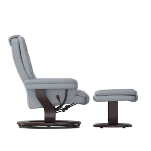 English Elm Contemporary Multi-Position Recliner with Horizontal Stitching and Ottoman with Swivel Mahogany Wood Base in LeatherSoft