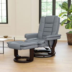 English Elm Contemporary Multi-Position Recliner with Horizontal Stitching and Ottoman with Swivel Mahogany Wood Base in LeatherSoft