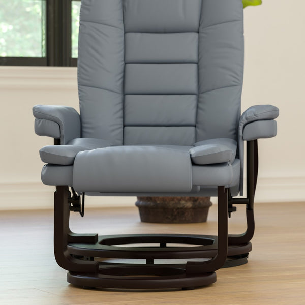 English Elm Contemporary Multi-Position Recliner with Horizontal Stitching and Ottoman with Swivel Mahogany Wood Base in LeatherSoft