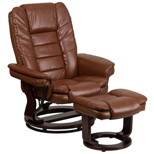 English Elm Contemporary Multi-Position Recliner with Horizontal Stitching and Ottoman with Swivel Mahogany Wood Base in Leather