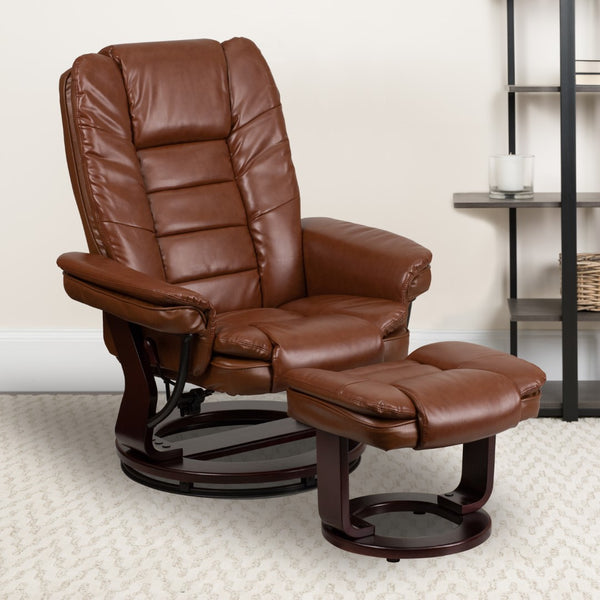English Elm Contemporary Multi-Position Recliner with Horizontal Stitching and Ottoman with Swivel Mahogany Wood Base in Leather