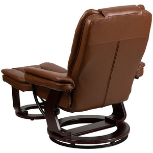 English Elm Contemporary Multi-Position Recliner with Horizontal Stitching and Ottoman with Swivel Mahogany Wood Base in Leather