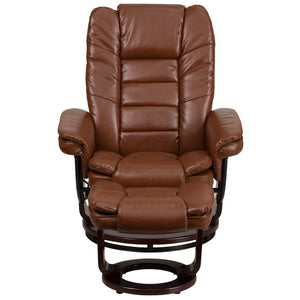 English Elm Contemporary Multi-Position Recliner with Horizontal Stitching and Ottoman with Swivel Mahogany Wood Base in Leather