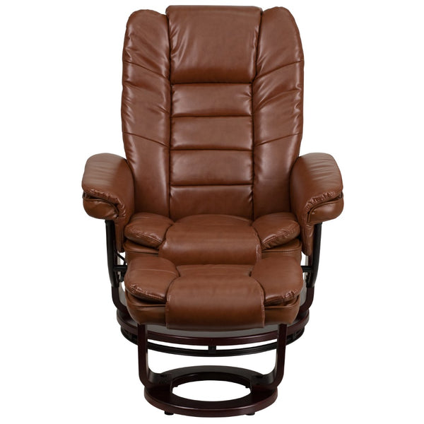 English Elm Contemporary Multi-Position Recliner with Horizontal Stitching and Ottoman with Swivel Mahogany Wood Base in Leather