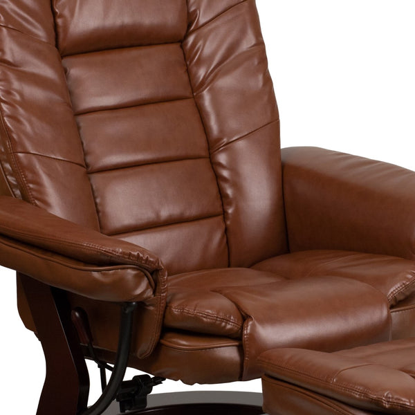 English Elm Contemporary Multi-Position Recliner with Horizontal Stitching and Ottoman with Swivel Mahogany Wood Base in Leather