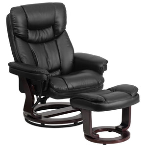 English Elm Contemporary Multi-Position Recliner and Curved Ottoman with Swivel Mahogany Wood Base in LeatherSoft