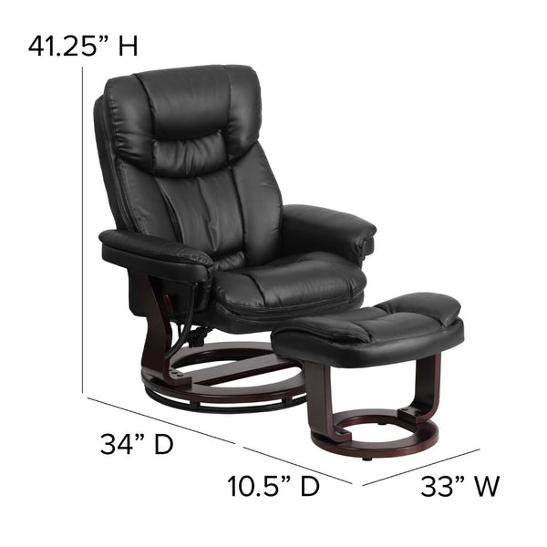 English Elm Contemporary Multi-Position Recliner and Curved Ottoman with Swivel Mahogany Wood Base in LeatherSoft