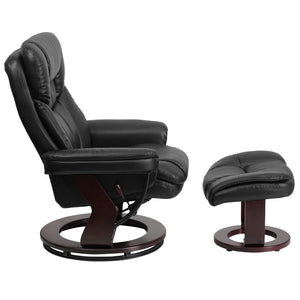 English Elm Contemporary Multi-Position Recliner and Curved Ottoman with Swivel Mahogany Wood Base in LeatherSoft