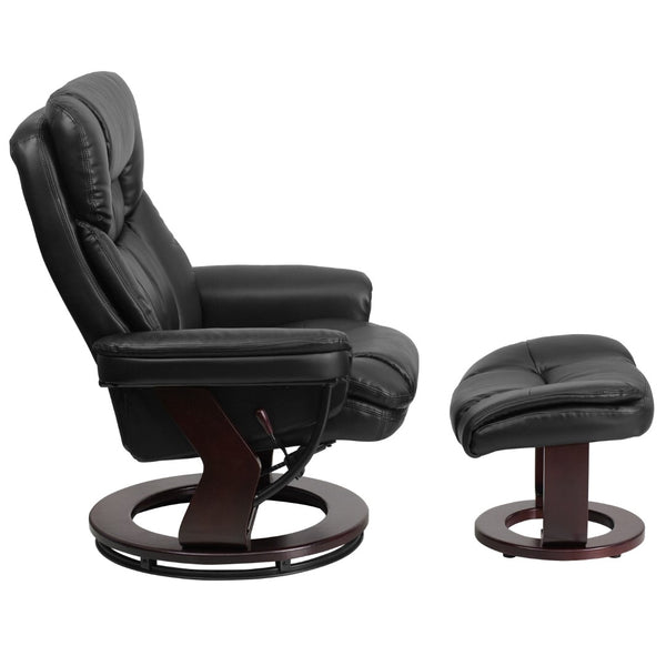 English Elm Contemporary Multi-Position Recliner and Curved Ottoman with Swivel Mahogany Wood Base in LeatherSoft