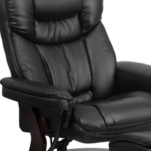 English Elm Contemporary Multi-Position Recliner and Curved Ottoman with Swivel Mahogany Wood Base in LeatherSoft