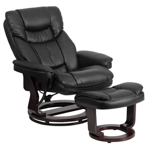 English Elm Contemporary Multi-Position Recliner and Curved Ottoman with Swivel Mahogany Wood Base in LeatherSoft