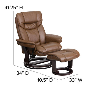 English Elm Contemporary Multi-Position Recliner and Curved Ottoman with Swivel Mahogany Wood Base in LeatherSoft