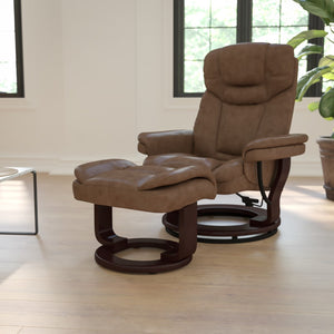 English Elm Contemporary Multi-Position Recliner and Curved Ottoman with Swivel Mahogany Wood Base in LeatherSoft