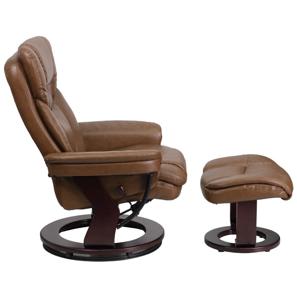 English Elm Contemporary Multi-Position Recliner and Curved Ottoman with Swivel Mahogany Wood Base in LeatherSoft
