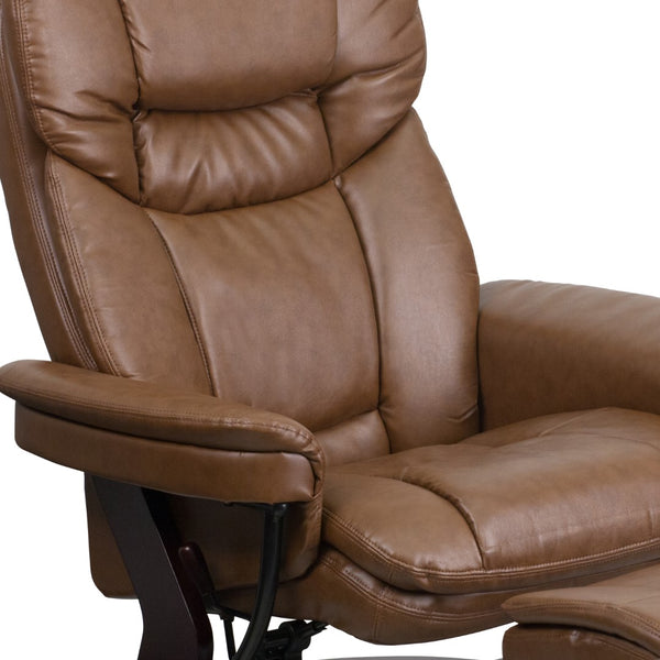 English Elm Contemporary Multi-Position Recliner and Curved Ottoman with Swivel Mahogany Wood Base in LeatherSoft