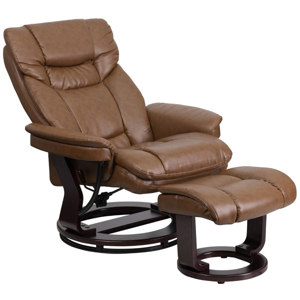 English Elm Contemporary Multi-Position Recliner and Curved Ottoman with Swivel Mahogany Wood Base in LeatherSoft