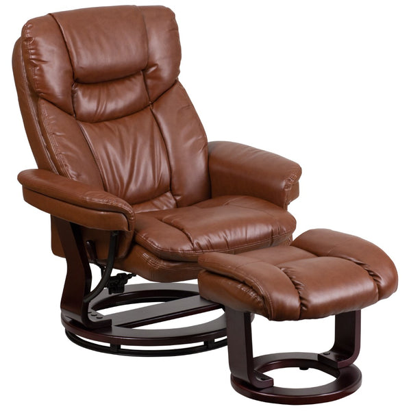 English Elm Contemporary Multi-Position Recliner and Curved Ottoman with Swivel Mahogany Wood Base in LeatherSoft