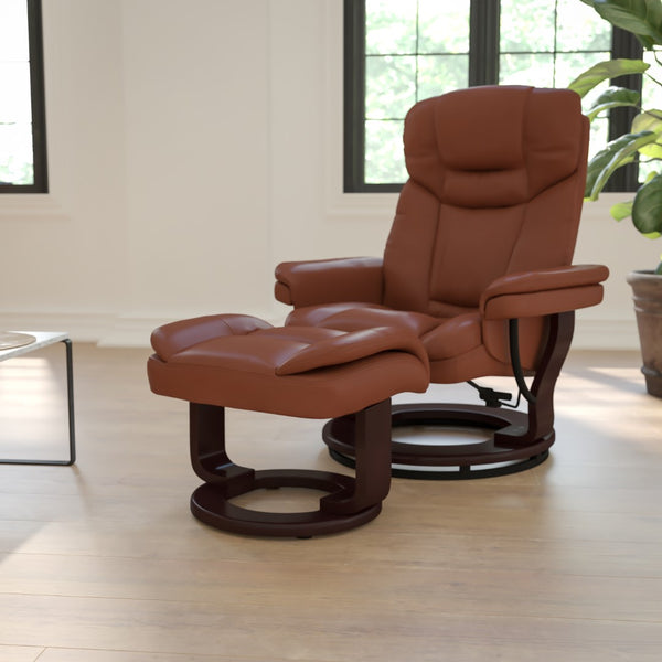 English Elm Contemporary Multi-Position Recliner and Curved Ottoman with Swivel Mahogany Wood Base in LeatherSoft