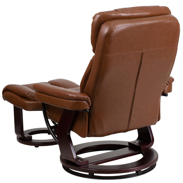 English Elm Contemporary Multi-Position Recliner and Curved Ottoman with Swivel Mahogany Wood Base in LeatherSoft