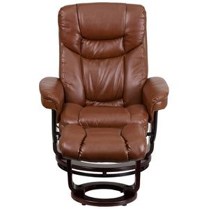 English Elm Contemporary Multi-Position Recliner and Curved Ottoman with Swivel Mahogany Wood Base in LeatherSoft