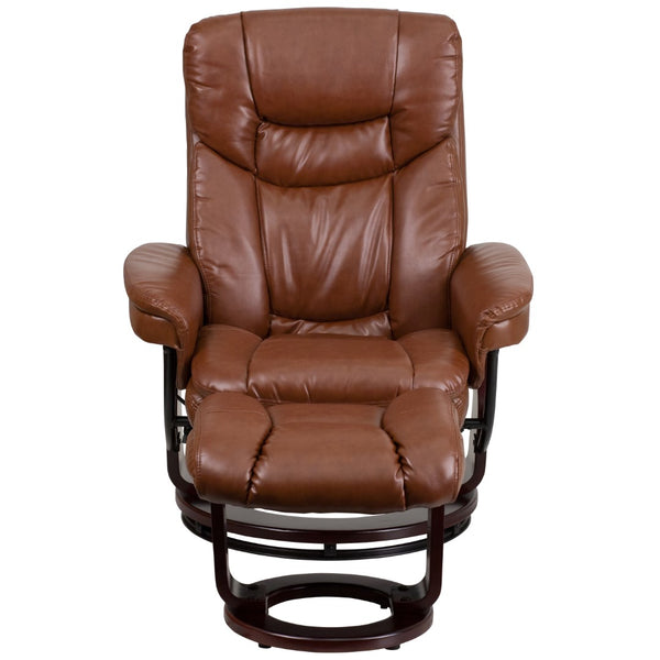 English Elm Contemporary Multi-Position Recliner and Curved Ottoman with Swivel Mahogany Wood Base in LeatherSoft