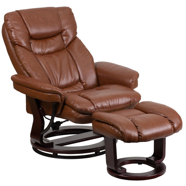 English Elm Contemporary Multi-Position Recliner and Curved Ottoman with Swivel Mahogany Wood Base in LeatherSoft