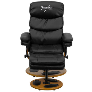 English Elm Personalized Contemporary Multi-Position Recliner and Ottoman with Wood Base in LeatherSoft