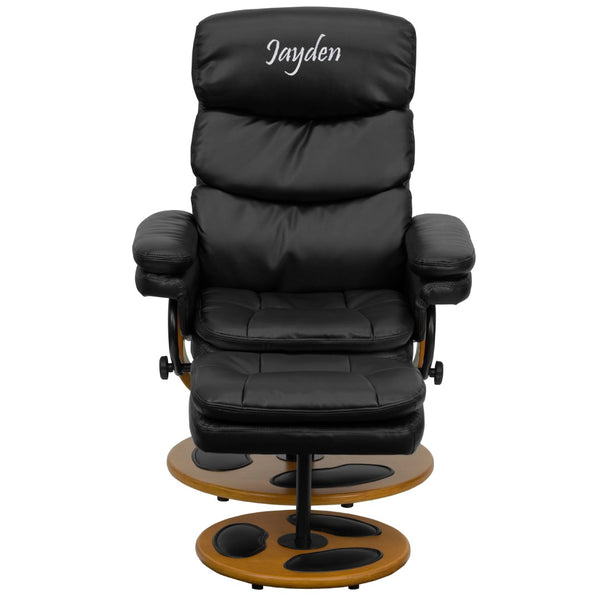 English Elm Personalized Contemporary Multi-Position Recliner and Ottoman with Wood Base in LeatherSoft