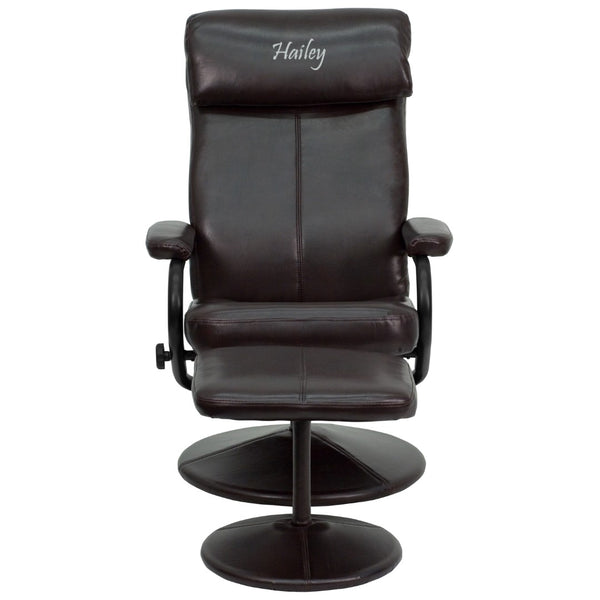 English Elm Personalized Contemporary Multi-Position Headrest Recliner and Ottoman with Wrapped Base in LeatherSoft