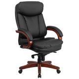 English Elm Commercial Grade High Back LeatherSoft Executive Ergonomic Office Chair with Synchro-Tilt Mechanism, Mahogany Wood Base and Arms