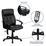 English Elm Commercial Grade High Back Ergonomic Massaging LeatherSoft Executive Swivel Office Chair with Side Remote Pocket and Arms