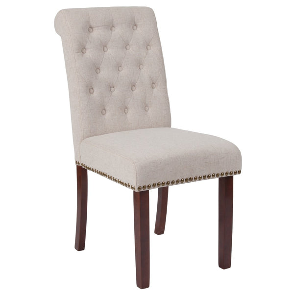English Elm Series Parsons Chair with Rolled Back, Accent Nail Trim and Walnut Finish